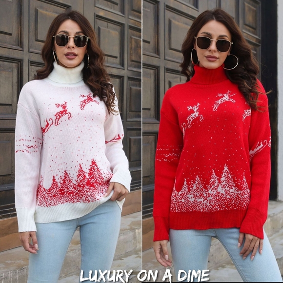 Knit Turtleneck Santa Reindeer Classy Winter Christmas Scene Chic Sweater Top - Picture 9 of 9